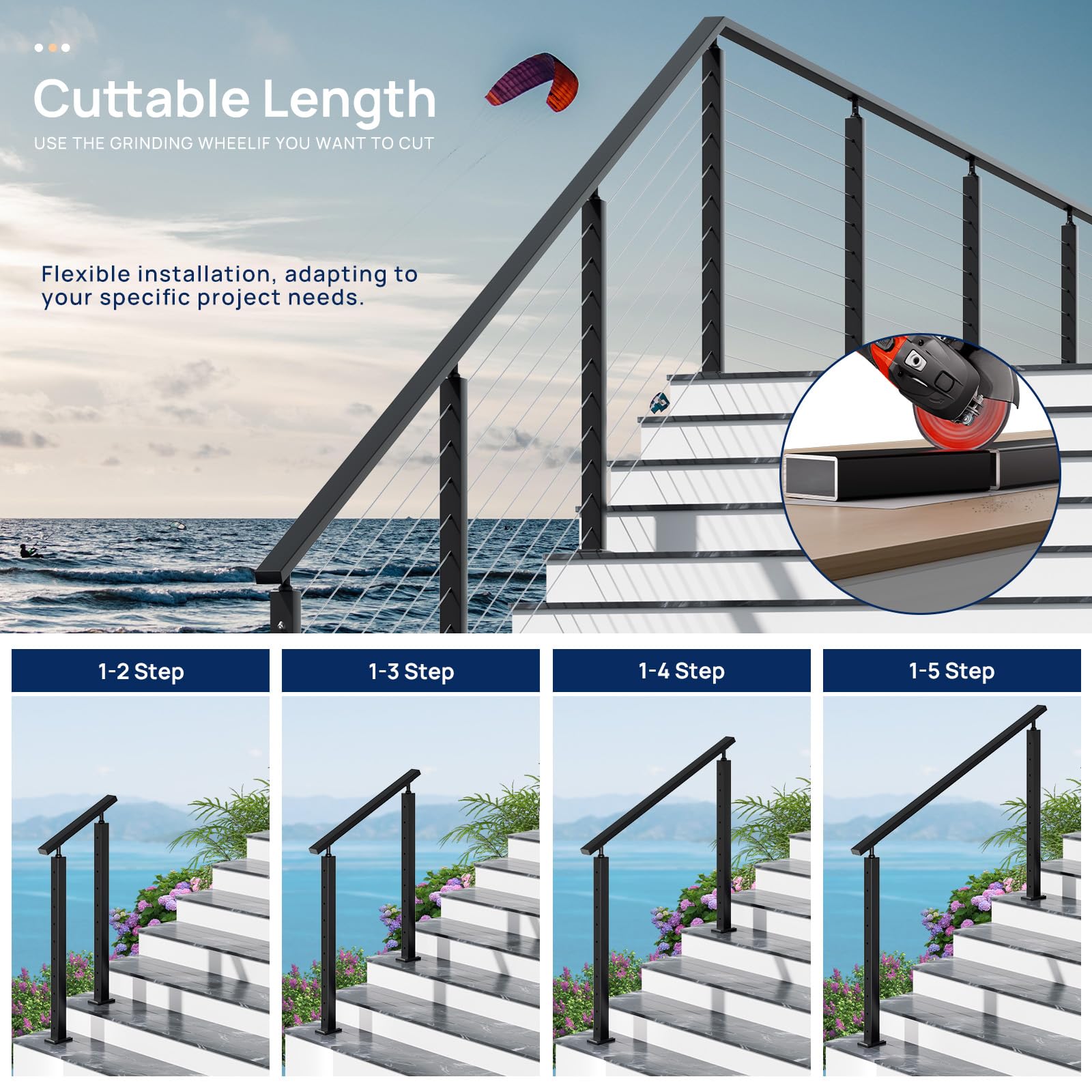 1 Pack 6FTx 2-3/8"x1-3/16 Aluminum Black Handrail with Self Drilling Screws Nylon End Caps, AAMA 2604 Coating, 3mm Thick Flat Handrail Cuttable Top Rail for Deck Stair Railing Indoor Outdoor - Image 7