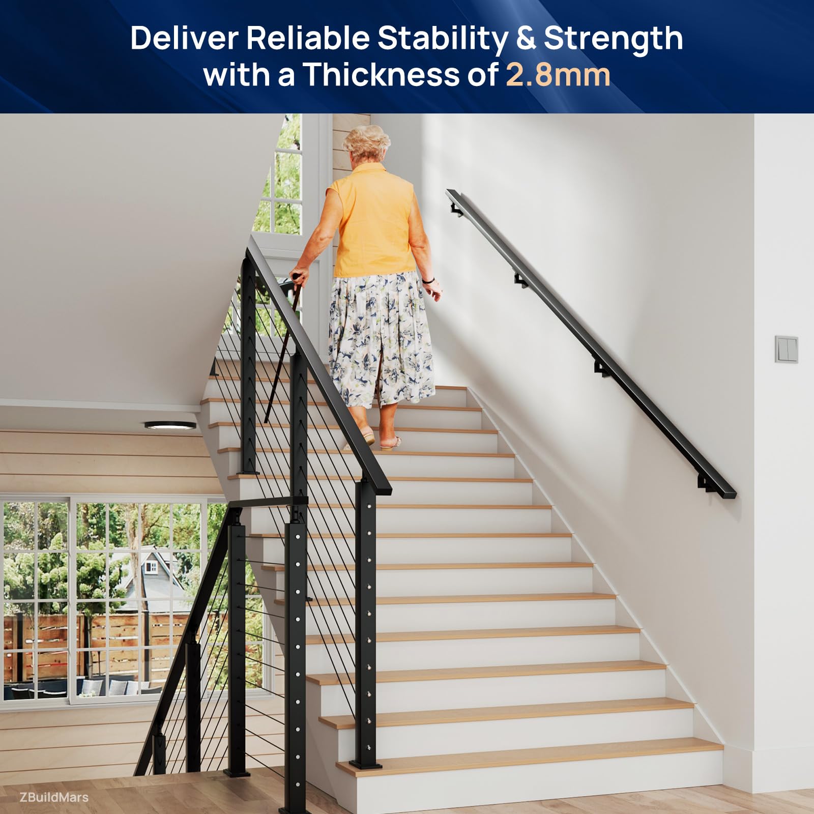 10FT x 2"x1" Aluminum Black Handrail, 1 Pack Rectangular Handrail with End Caps Self Drilling Screws, Cuttable Flat Top Rail for Deck Stair Railing Indoor Outdoor Cable Railing System - Image 6