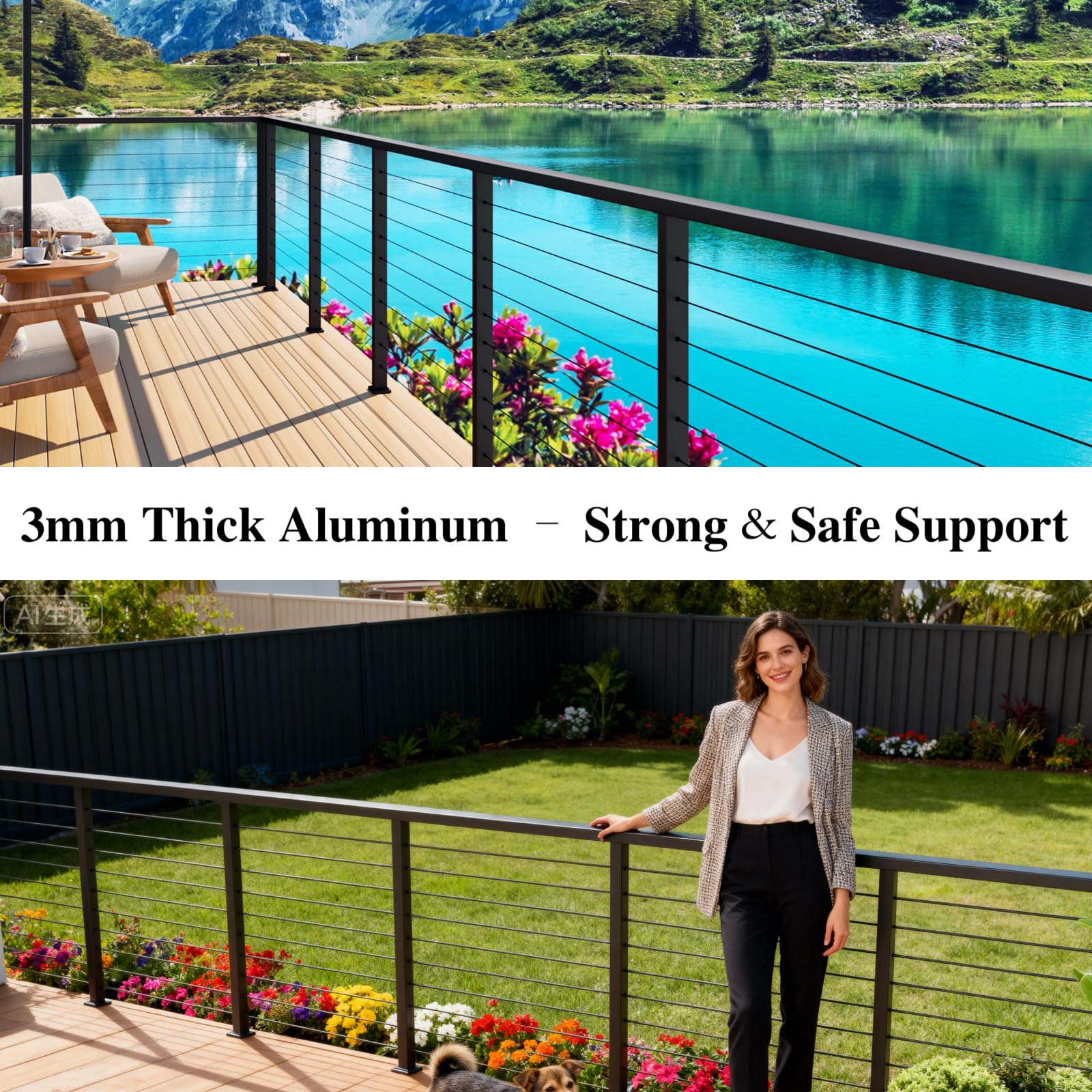 1 Pack 6FTx 2-3/8"x1-3/16 Aluminum Black Handrail with Self Drilling Screws Nylon End Caps, AAMA 2604 Coating, 3mm Thick Flat Handrail Cuttable Top Rail for Deck Stair Railing Indoor Outdoor - Image 5