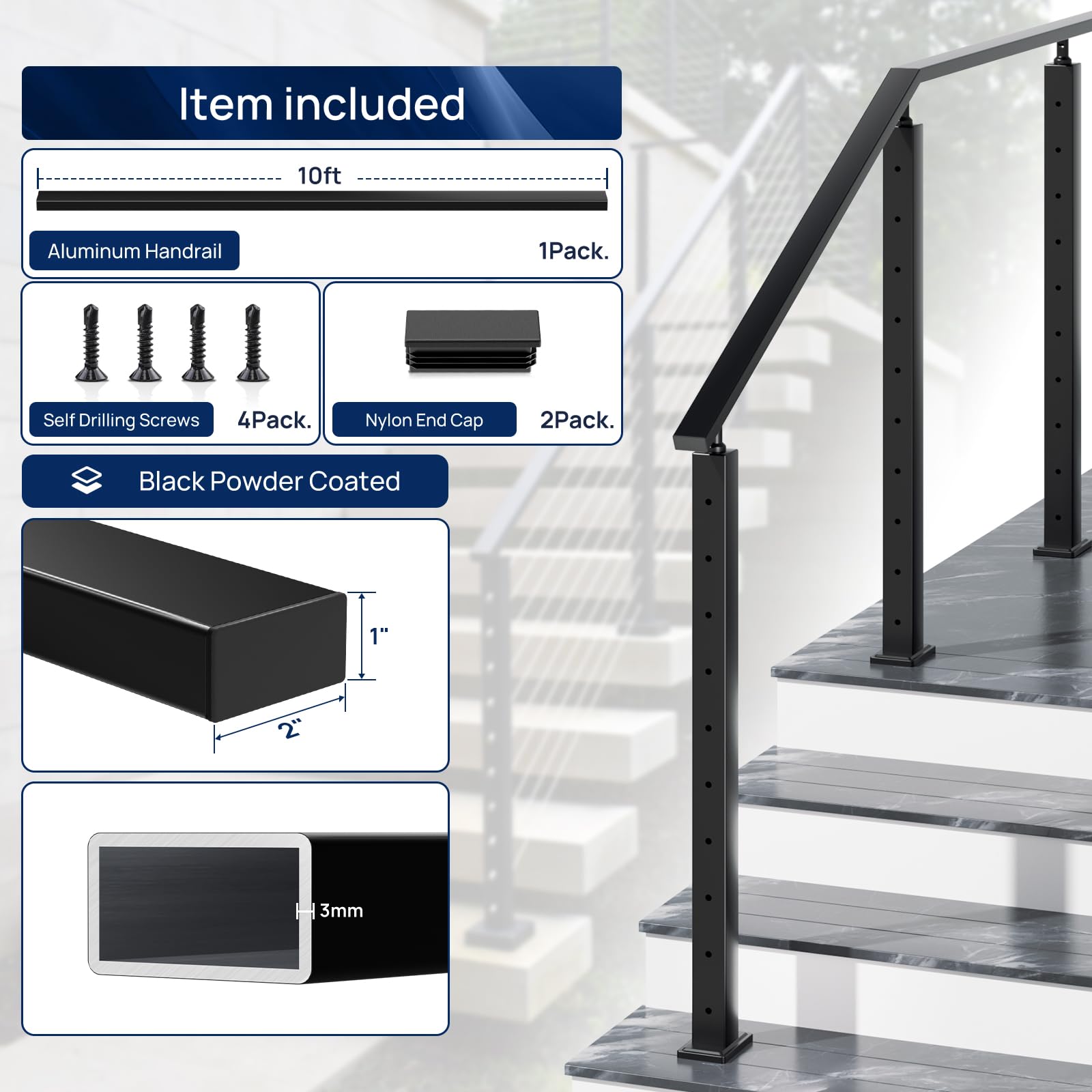 10FT x 2"x1" Aluminum Black Handrail, 1 Pack Rectangular Handrail with End Caps Self Drilling Screws, Cuttable Flat Top Rail for Deck Stair Railing Indoor Outdoor Cable Railing System - Image 4