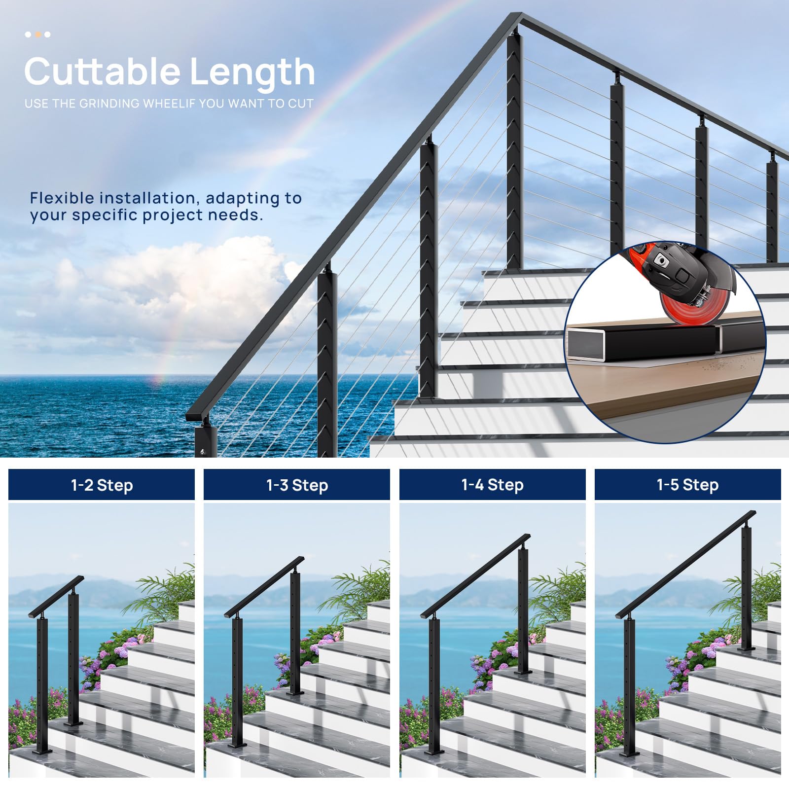 10FT x 2"x1" Aluminum Black Handrail, 1 Pack Rectangular Handrail with End Caps Self Drilling Screws, Cuttable Flat Top Rail for Deck Stair Railing Indoor Outdoor Cable Railing System - Image 5