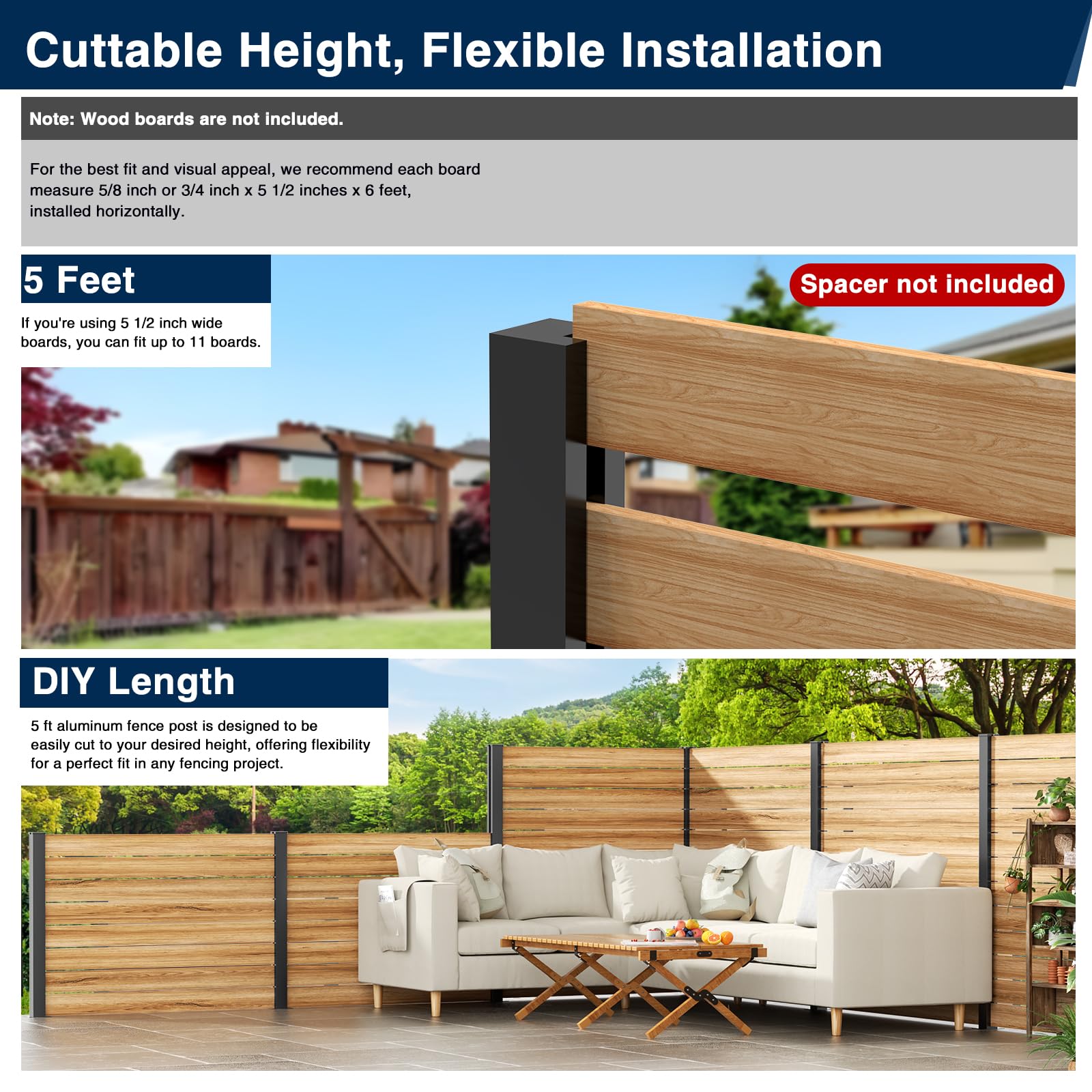 5 Feet Aluminium Alloy Fence Post Matte Black Metal Wood Fence Column for Outdoor Privacy Panels (2 Pack End Post) - Image 3