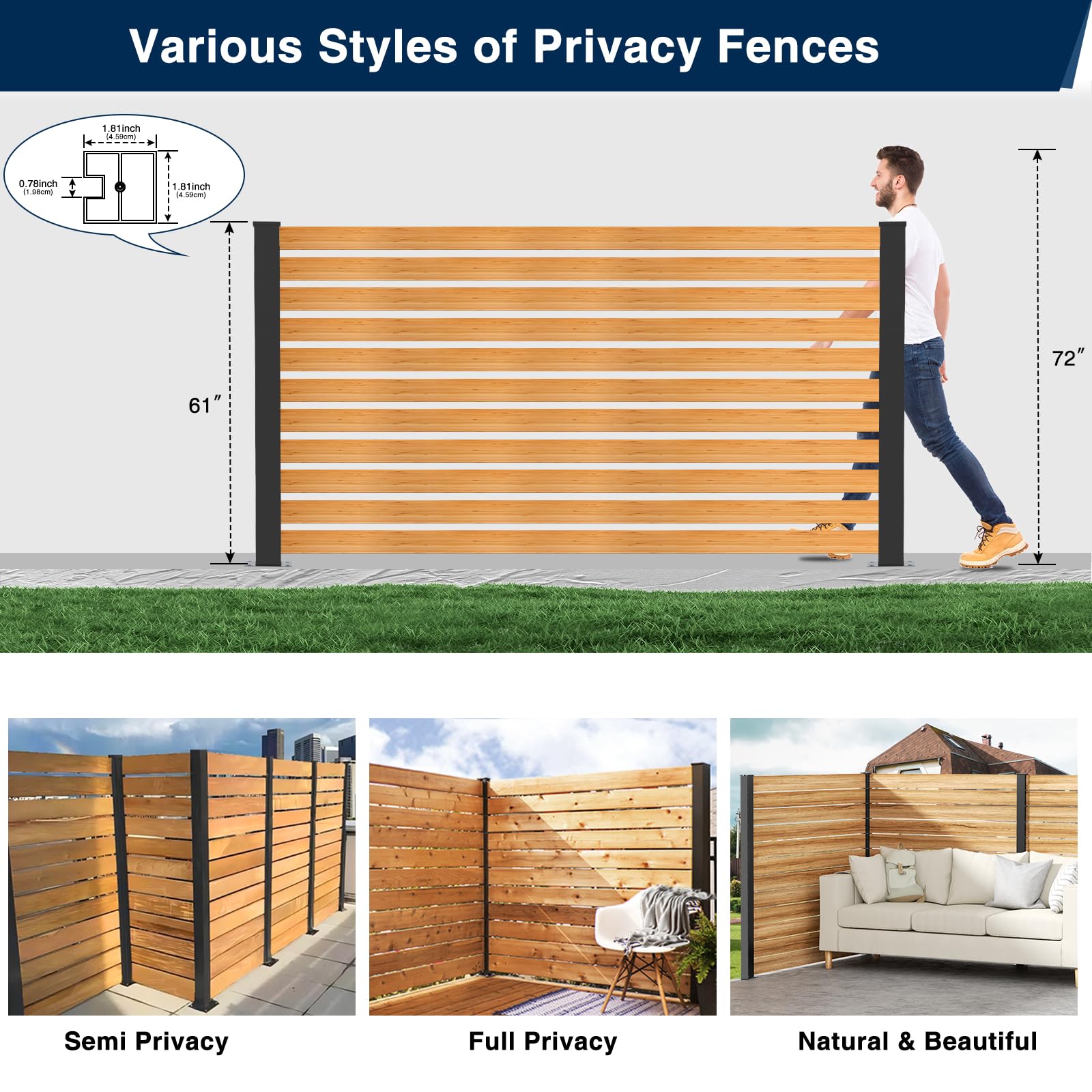 5 Feet Aluminium Alloy Fence Post Matte Black Metal Wood Fence Column for Outdoor Privacy Panels (2 Pack End Post) - Image 4