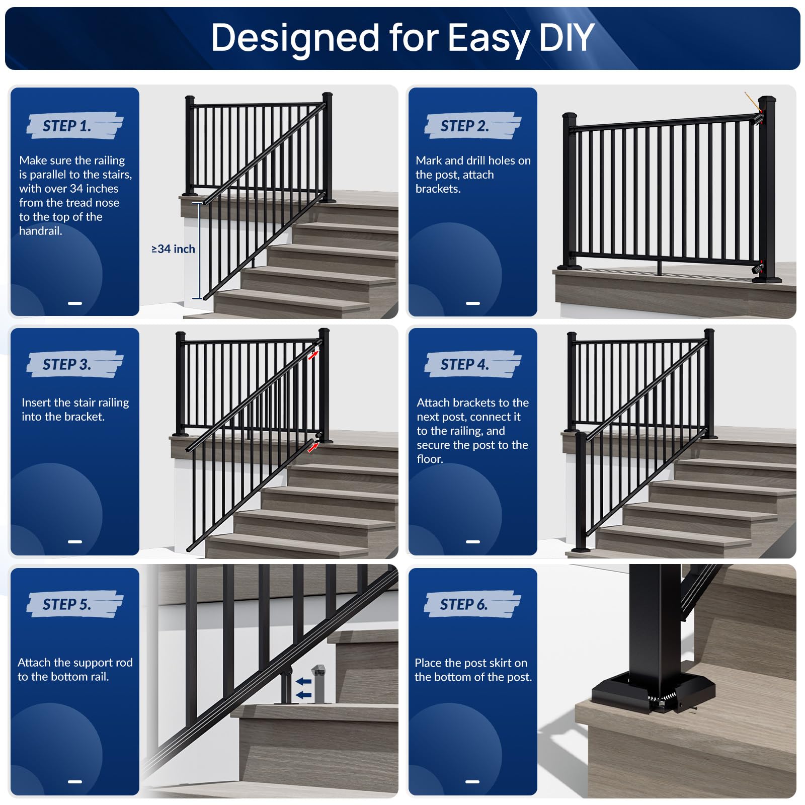 Egadis 1 Pack 36 in. H x 8 ft. W Aluminum Stair Railing Kit Without Post, Textured AAMA 2604 Powder-Coat Finish Modular Railing System for Concrete Steps or Wooden Stairs (1 Panel) - Image 7