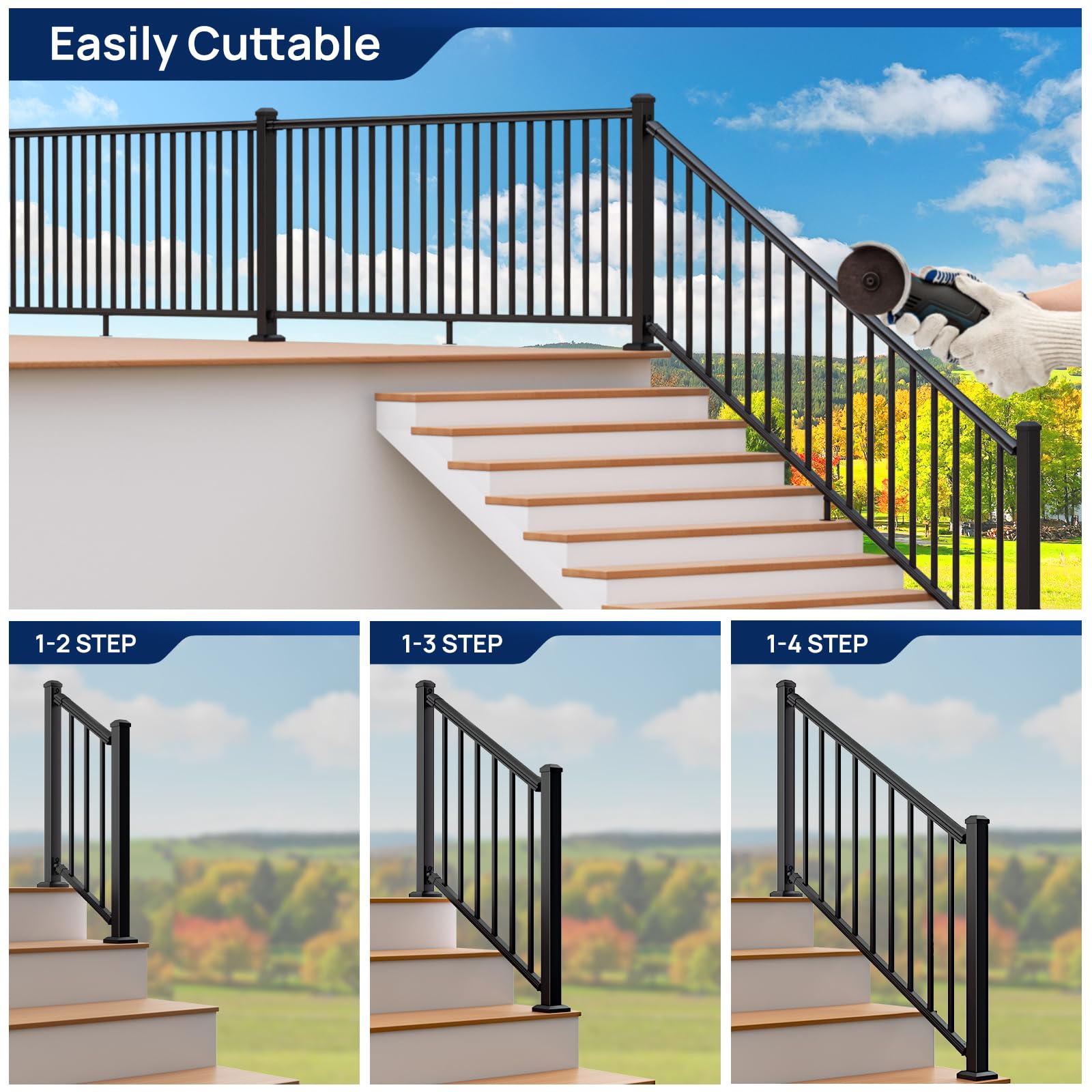 Egadis 1 Pack 36 in. H x 8 ft. W Aluminum Stair Railing Kit Without Post, Textured AAMA 2604 Powder-Coat Finish Modular Railing System for Concrete Steps or Wooden Stairs (1 Panel) - Image 4