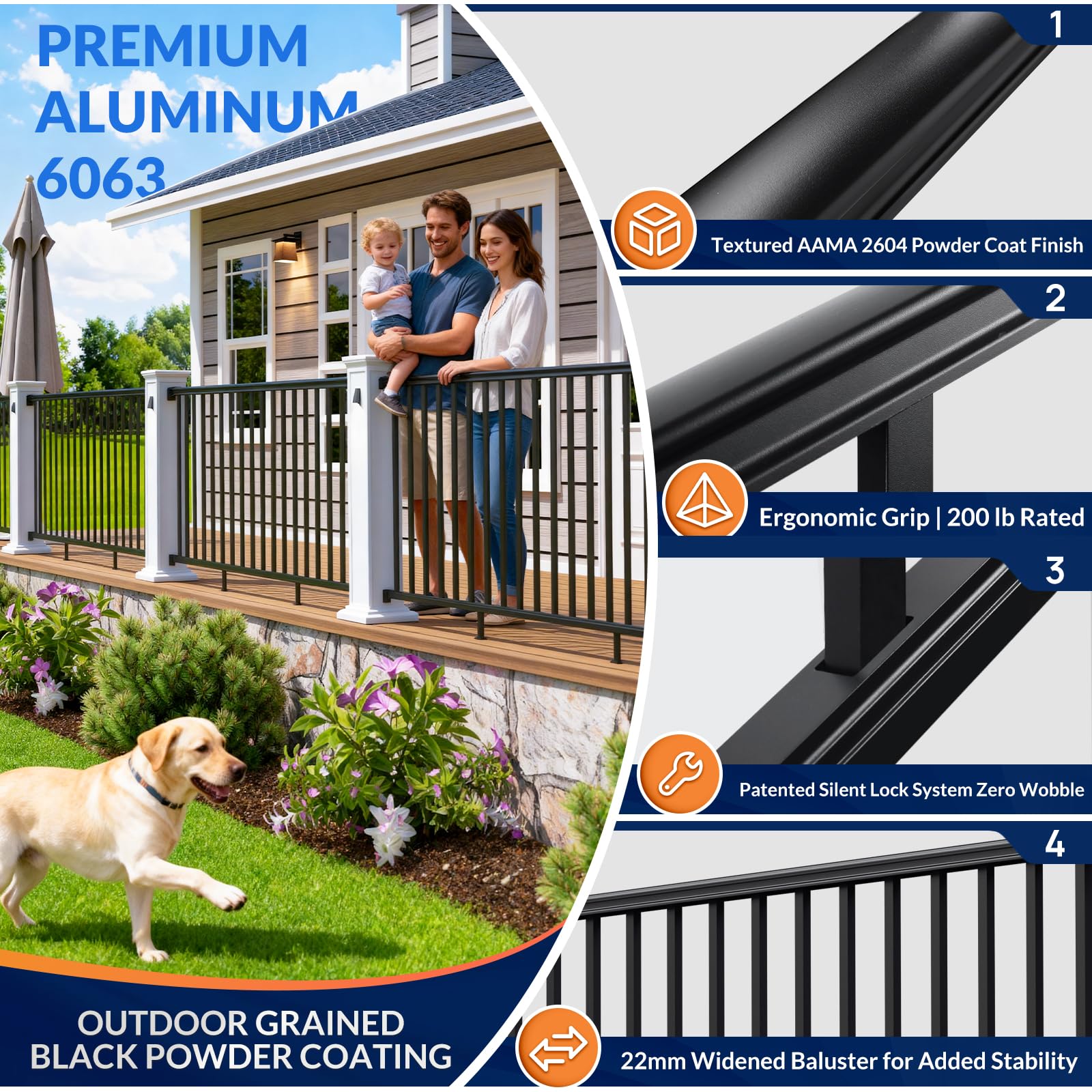 Egadis 4 Pack 42 in. H x 8 ft. W Porch and Deck Railing Kit Without Post, Black Textured Powder-Coat Finish Modular Aluminum Railing System for Outdoor Decks, Porches & Balconies (4 Panel) - Image 4