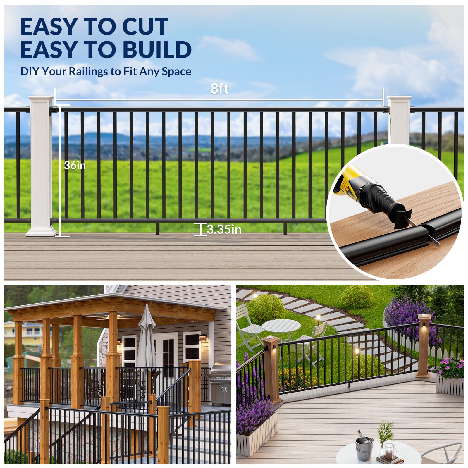 Egadis 4 Pack 42 in. H x 8 ft. W Porch and Deck Railing Kit Without Post, Black Textured Powder-Coat Finish Modular Aluminum Railing System for Outdoor Decks, Porches & Balconies (4 Panel) - Image 5