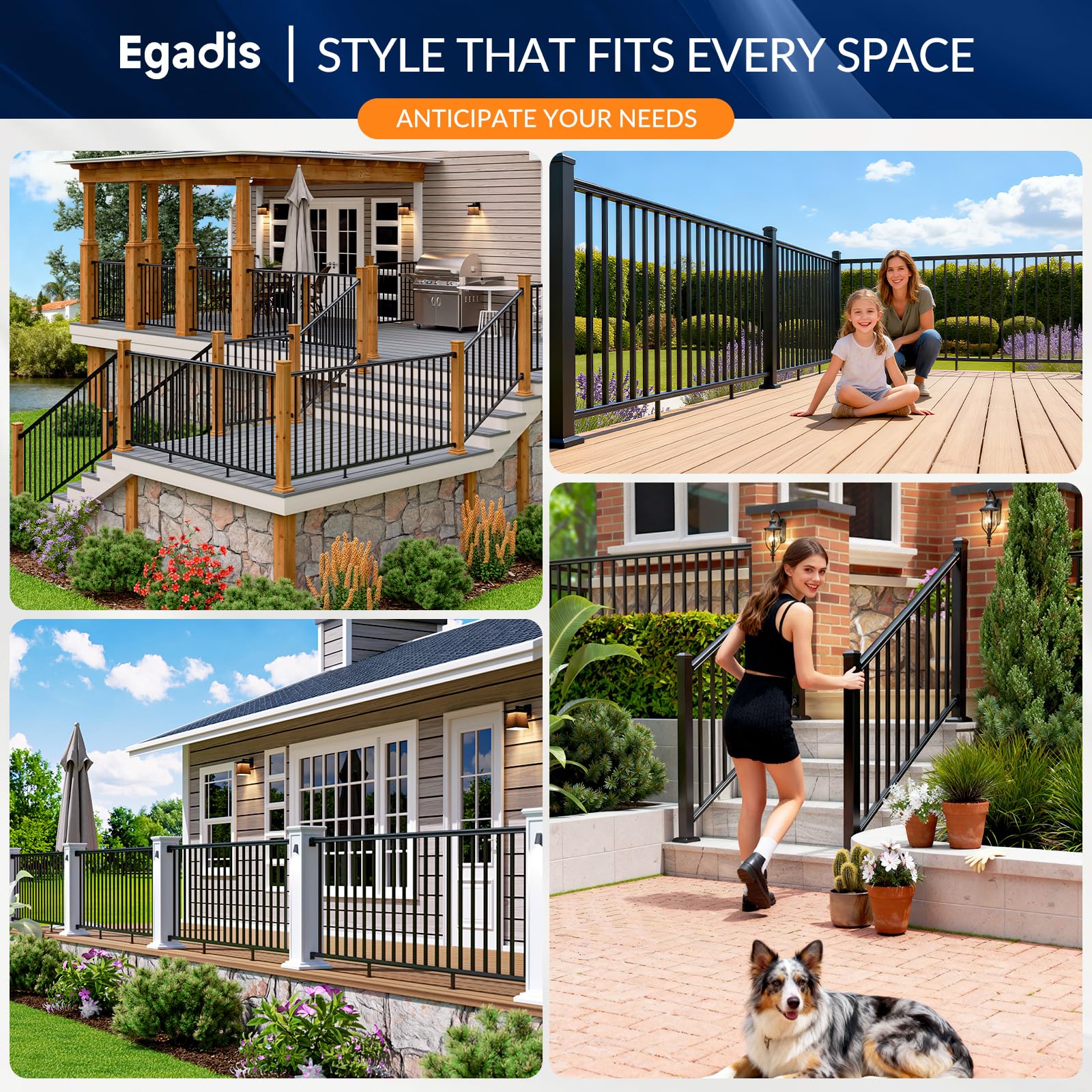 Egadis 4 Pack 42 in. H x 8 ft. W Porch and Deck Railing Kit Without Post, Black Textured Powder-Coat Finish Modular Aluminum Railing System for Outdoor Decks, Porches & Balconies (4 Panel) - Image 7