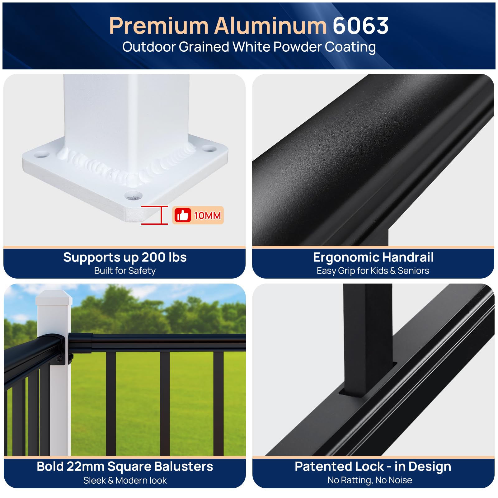 Egadis 36 in x 12 ft Aluminum Stair Railing Kit, Durable Outdoor Black Textured AAMA 2604 Powder-Coat Finish Modular Railing System for Outdoor Deck & Porch (2 White Post, 2 Black Panel) - Image 3