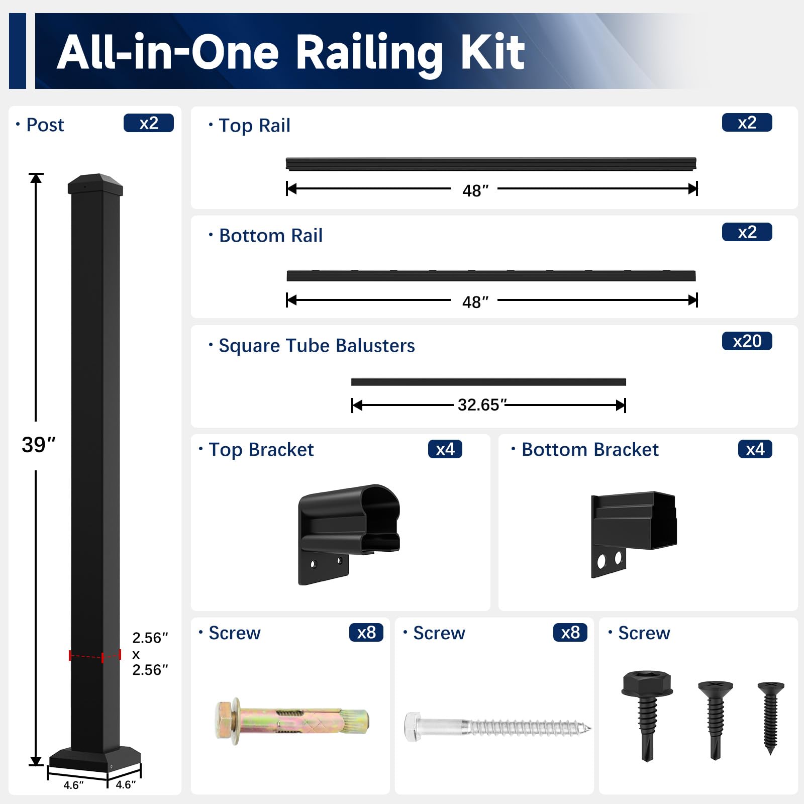 Egadis 2 Pack 36 in. H x 4 ft. W Porch and Deck Railing Kit, Aluminum Railing Kit, Black Textured AAMA 2604 Powder-Coat Finish Rail System for Outdoor Decks, Porches & Balconies(2 Post, 2 Panel) - Image 5