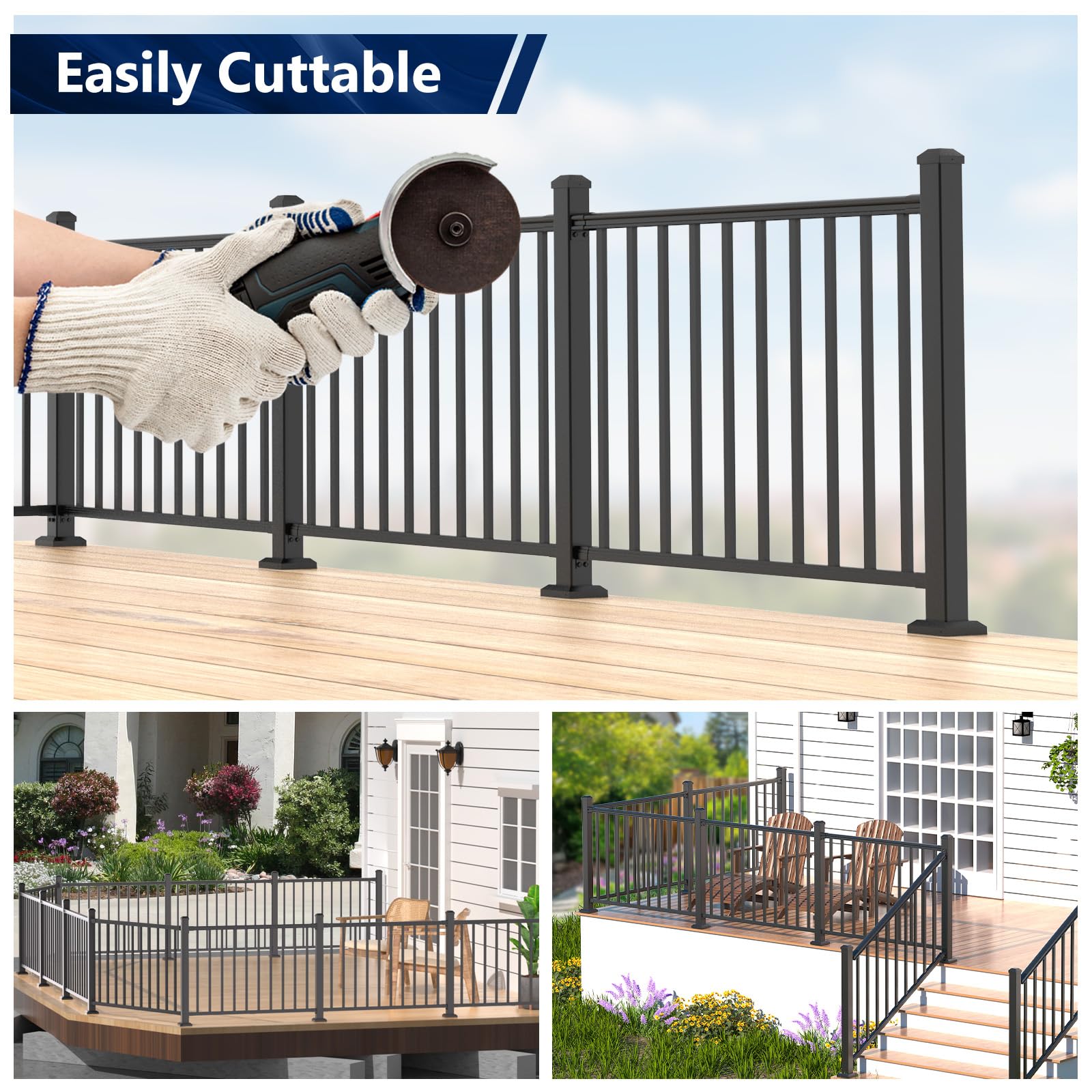 Egadis 2 Pack 36 in. H x 4 ft. W Porch and Deck Railing Kit, Aluminum Railing Kit, Black Textured AAMA 2604 Powder-Coat Finish Rail System for Outdoor Decks, Porches & Balconies(2 Post, 2 Panel) - Image 6