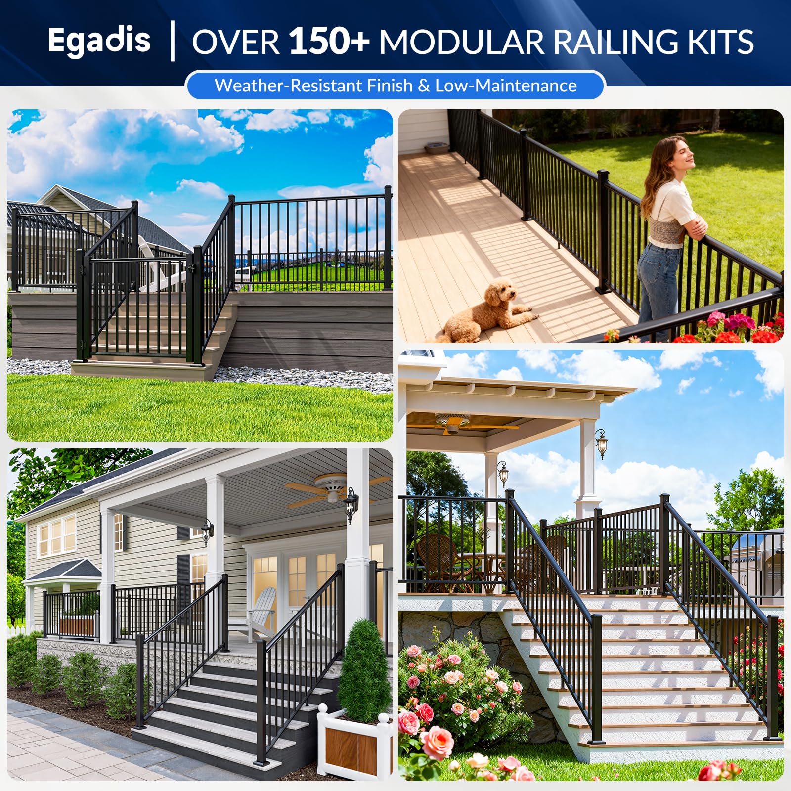 Egadis 2 Pack 36 in. H x 4 ft. W Porch and Deck Railing Kit, Aluminum Railing Kit, Black Textured AAMA 2604 Powder-Coat Finish Rail System for Outdoor Decks, Porches & Balconies(2 Post, 2 Panel) - Image 3