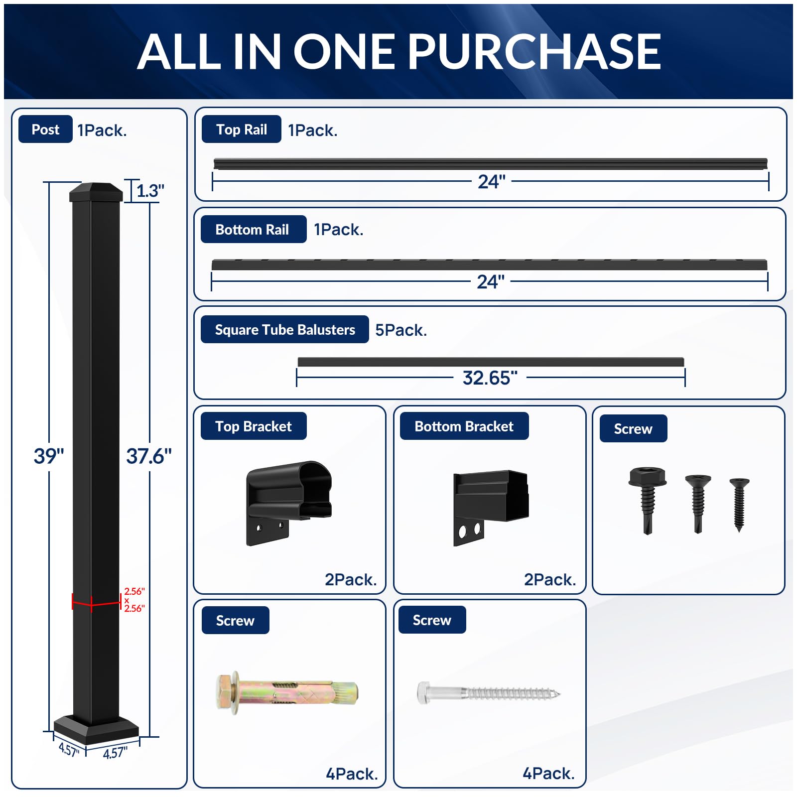 Egadis 36 in. H x 2 ft. W Porch and Deck Railing Kit, Aluminum Railing Kit, Textured AAMA 2604 Powder-Coat Finish Modular Rail System for Outdoor Decks, Porches & Balconies (1 Post, 1 Panel) - Image 5