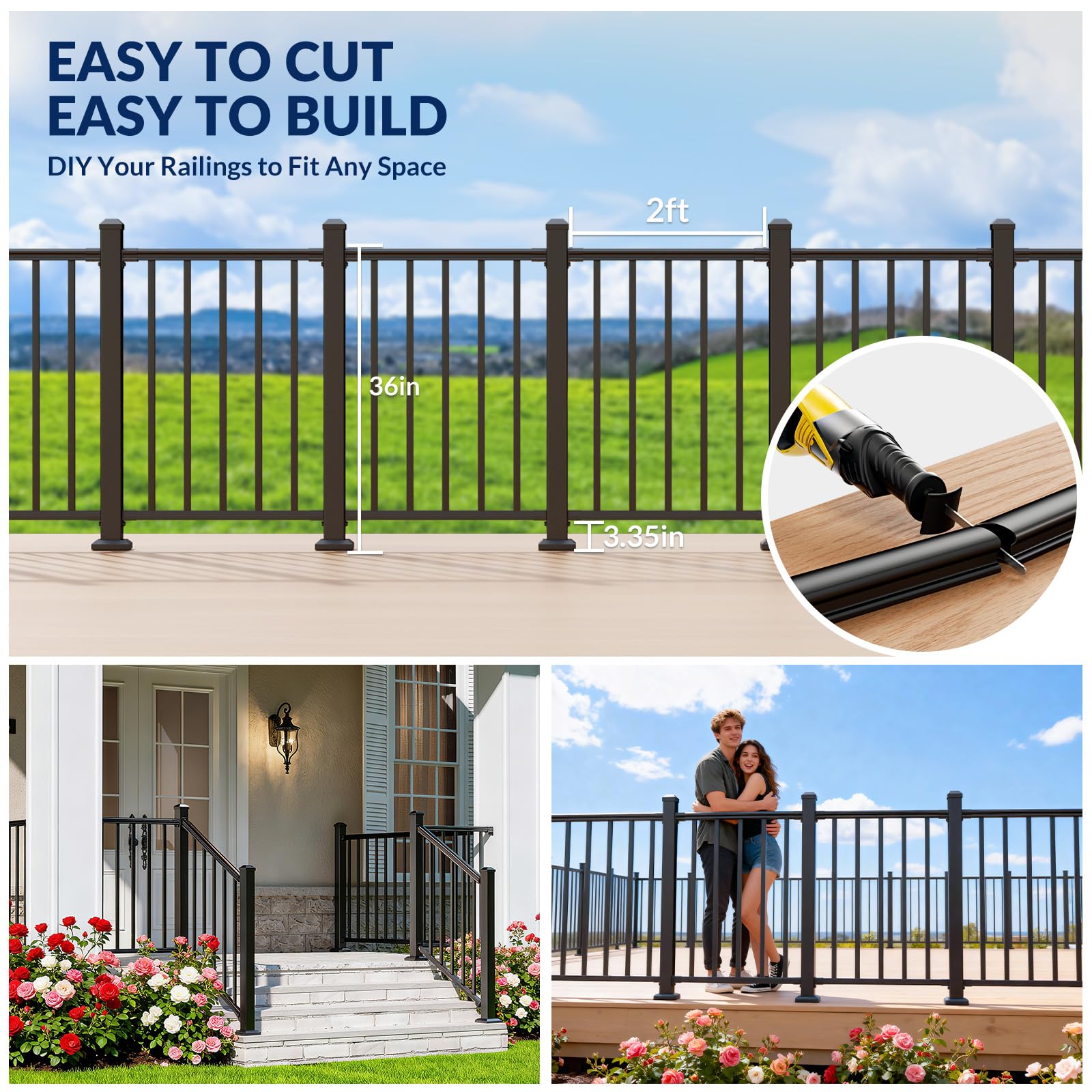 Egadis 36 in. H x 2 ft. W Porch and Deck Railing Kit, Aluminum Railing Kit, Textured AAMA 2604 Powder-Coat Finish Modular Rail System for Outdoor Decks, Porches & Balconies (1 Post, 1 Panel) - Image 6