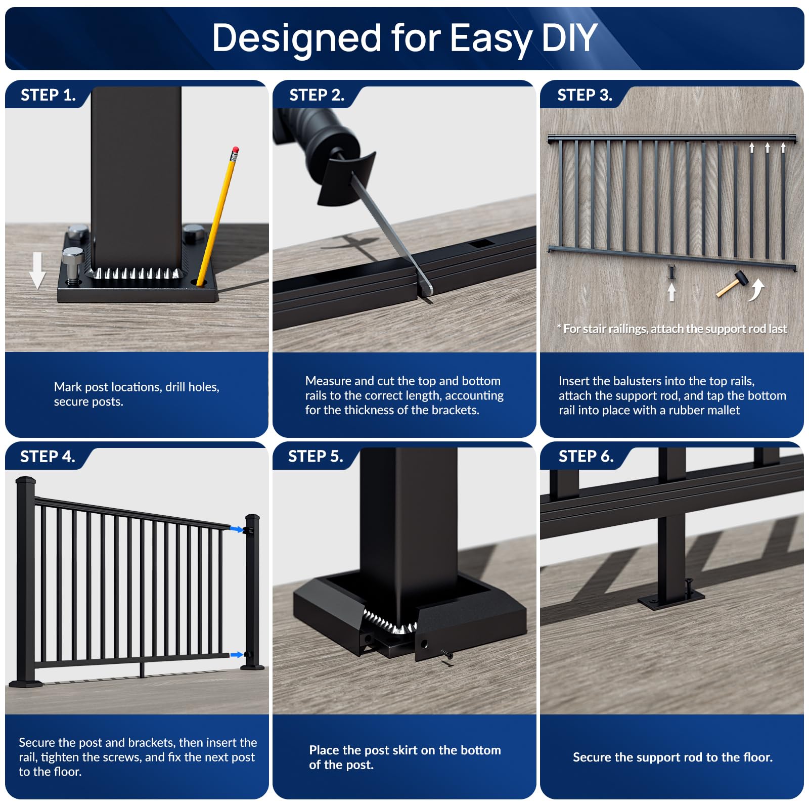 Egadis 4 Pack 42 in. H x 6 ft. W Porch and Deck Railing Kit, Black Textured AAMA 2604 Powder-Coat Finish Modular Aluminum Railing System for Outdoor Decks, Porches & Balconies (4 Post, 4 Panel) - Image 8