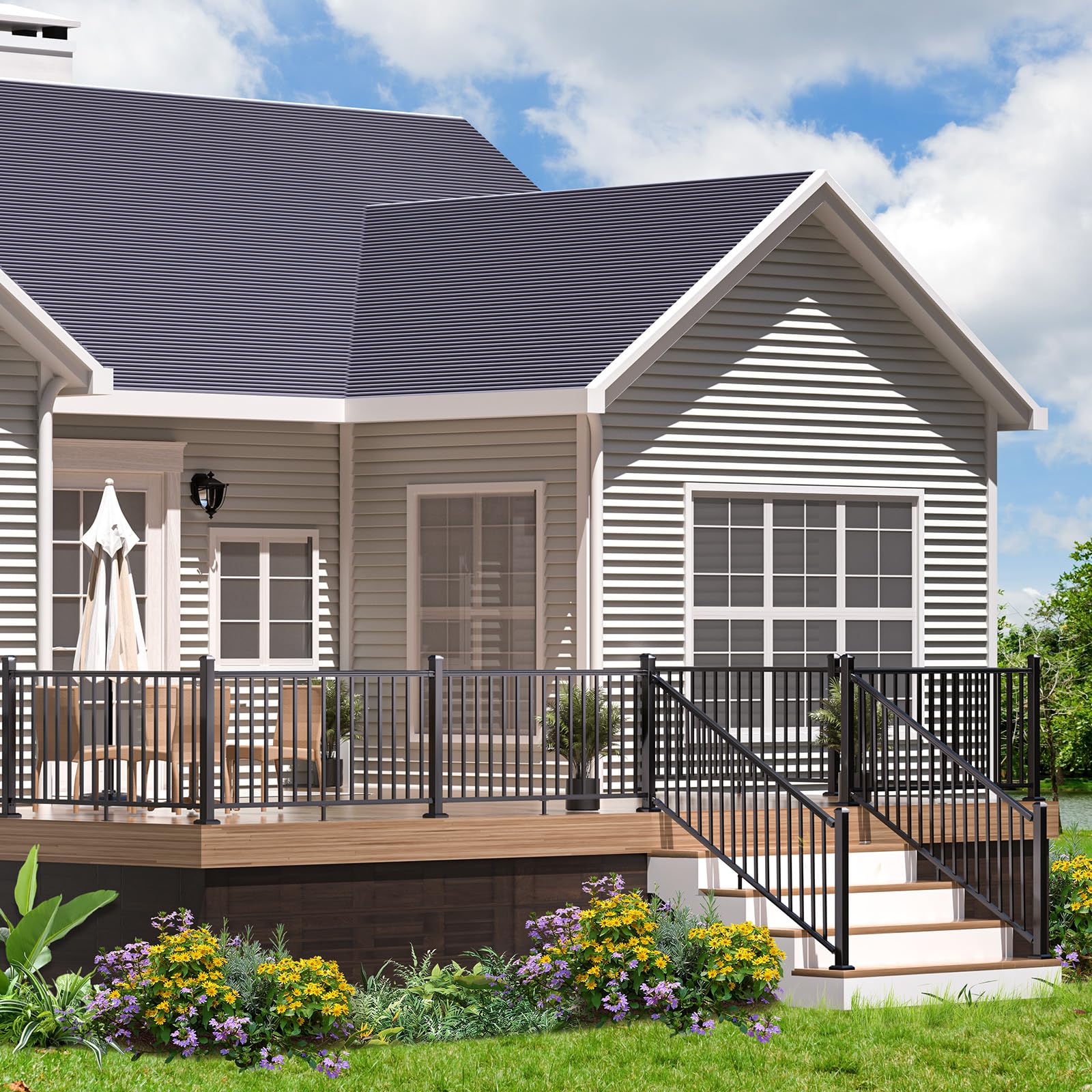 Egadis 36 in. H x 6 ft. W Aluminum Stair Railing Kit with 2 Post, Textured AAMA 2604 Powder-Coat Finish Modular Railing System for Concrete Steps or Wooden Stairs (2 Post, 1 Panel) - Image 8