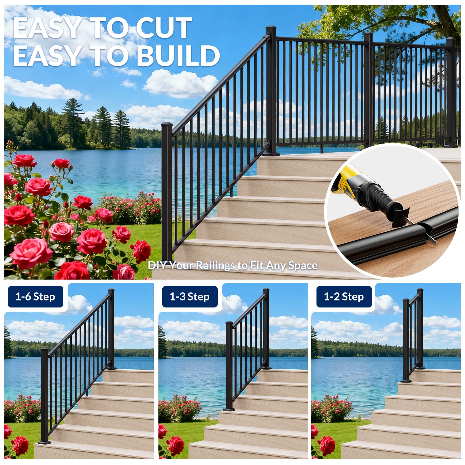 Egadis 36 in. H x 6 ft. W Aluminum Stair Railing Kit with 2 Post, Textured AAMA 2604 Powder-Coat Finish Modular Railing System for Concrete Steps or Wooden Stairs (2 Post, 1 Panel) - Image 5