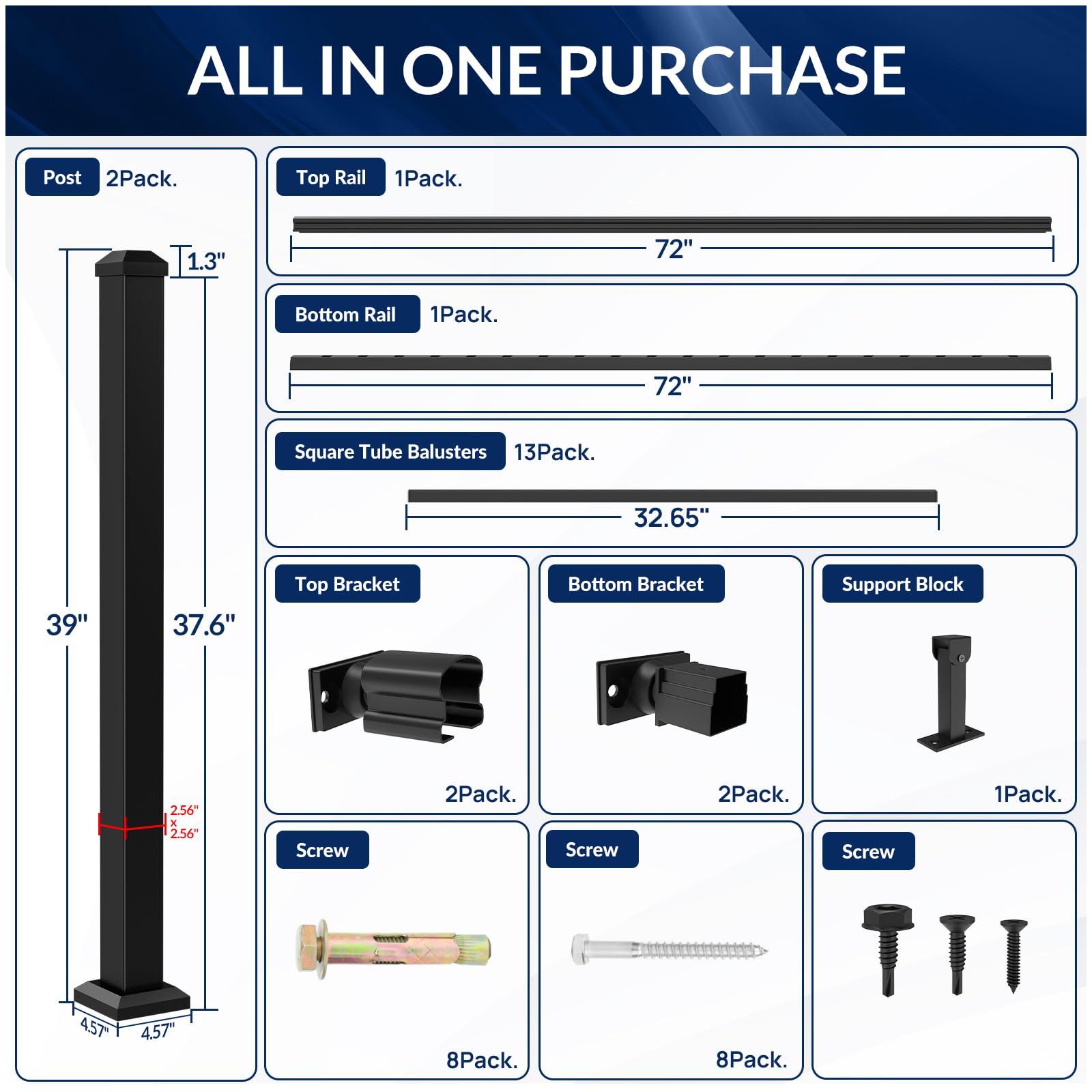 Egadis 36 in. H x 6 ft. W Aluminum Stair Railing Kit with 2 Post, Textured AAMA 2604 Powder-Coat Finish Modular Railing System for Concrete Steps or Wooden Stairs (2 Post, 1 Panel) - Image 6