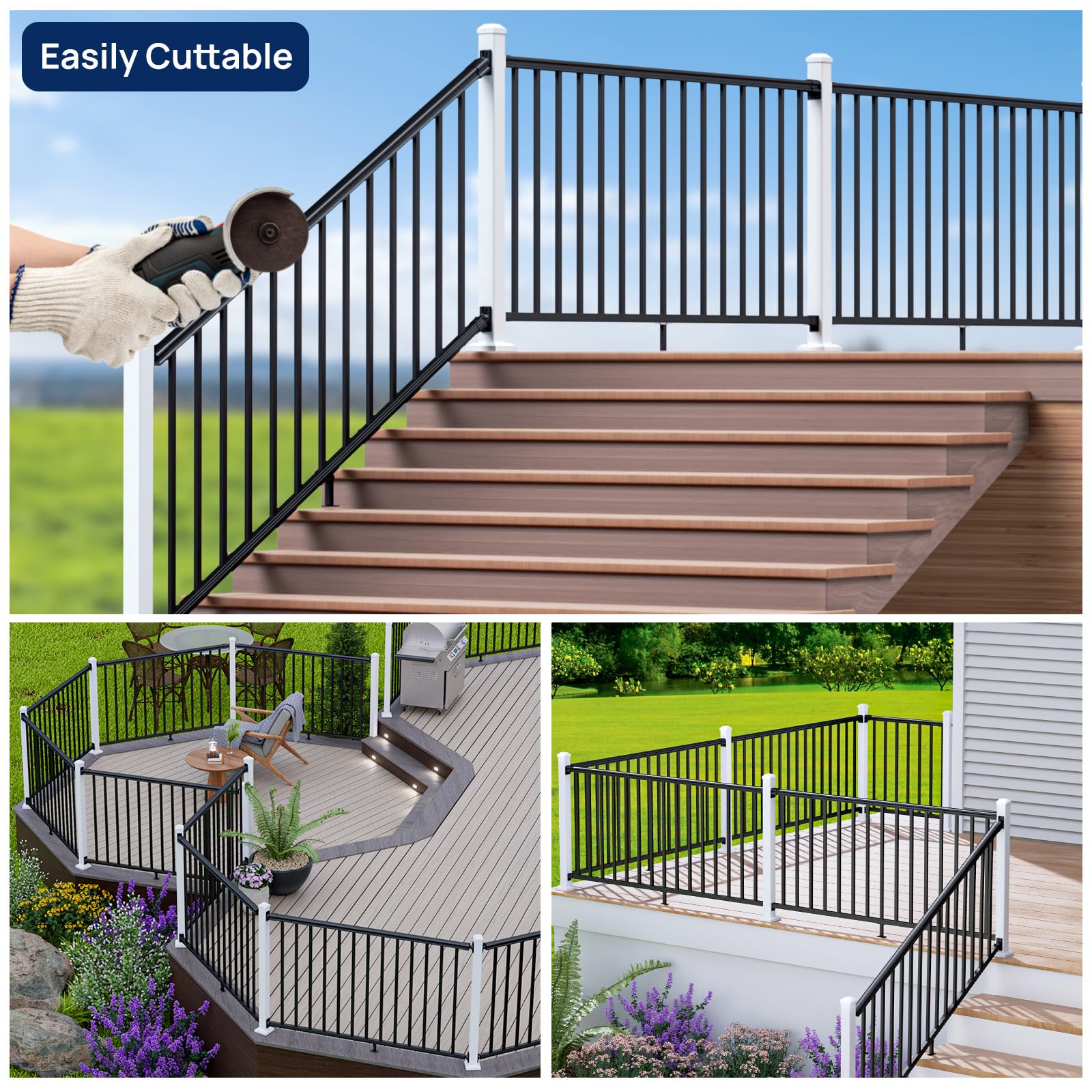 Egadis 36 in x 12 ft Aluminum Stair Railing Kit, Durable Outdoor Black Textured AAMA 2604 Powder-Coat Finish Modular Railing System for Outdoor Deck & Porch (2 White Post, 2 Black Panel) - Image 5