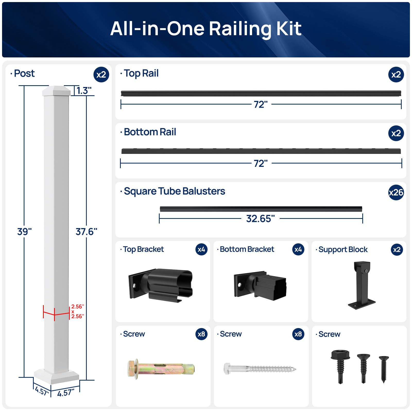 Egadis 36 in x 12 ft Aluminum Stair Railing Kit, Durable Outdoor Black Textured AAMA 2604 Powder-Coat Finish Modular Railing System for Outdoor Deck & Porch (2 White Post, 2 Black Panel) - Image 6