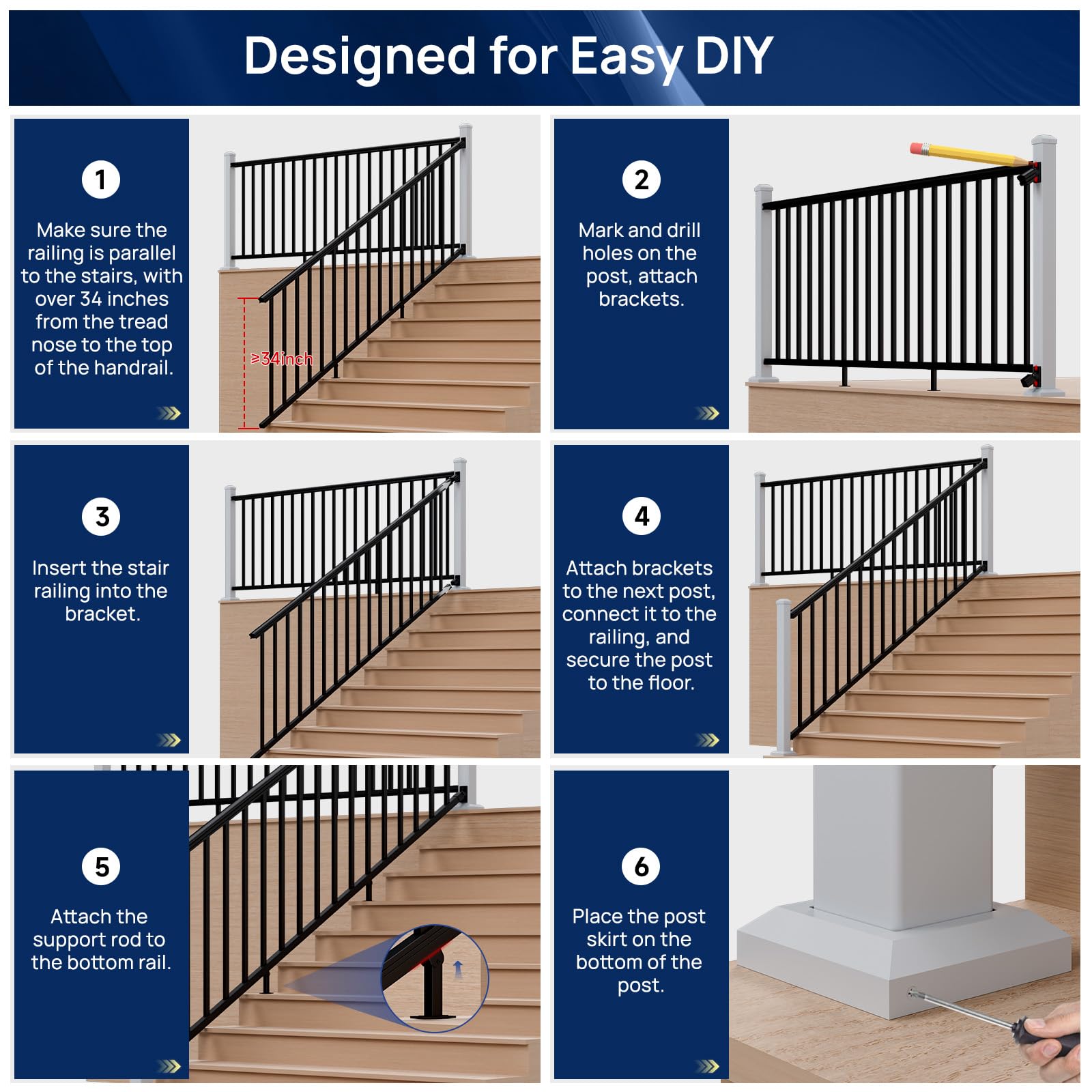 Egadis 36 in x 12 ft Aluminum Stair Railing Kit, Durable Outdoor Black Textured AAMA 2604 Powder-Coat Finish Modular Railing System for Outdoor Deck & Porch (2 White Post, 2 Black Panel) - Image 7