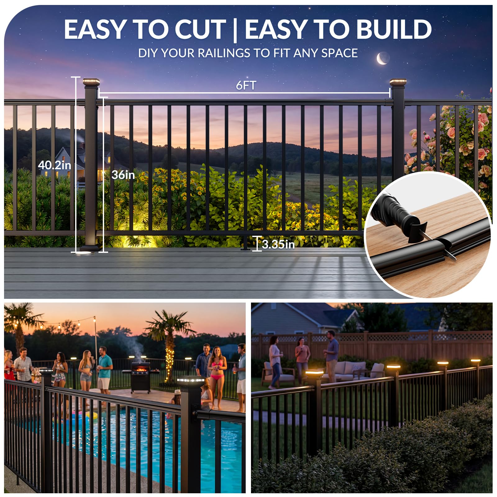 Egadis 4 Pack 36 in. H x 6 ft. W Porch and Deck Railing Kit with Light, Black Textured AAMA 2604 Powder-Coat Finish Modular Aluminum Railing Kit for Outdoor Decks, Porches & Balconies(4 Post, 4 Panel) - Image 6