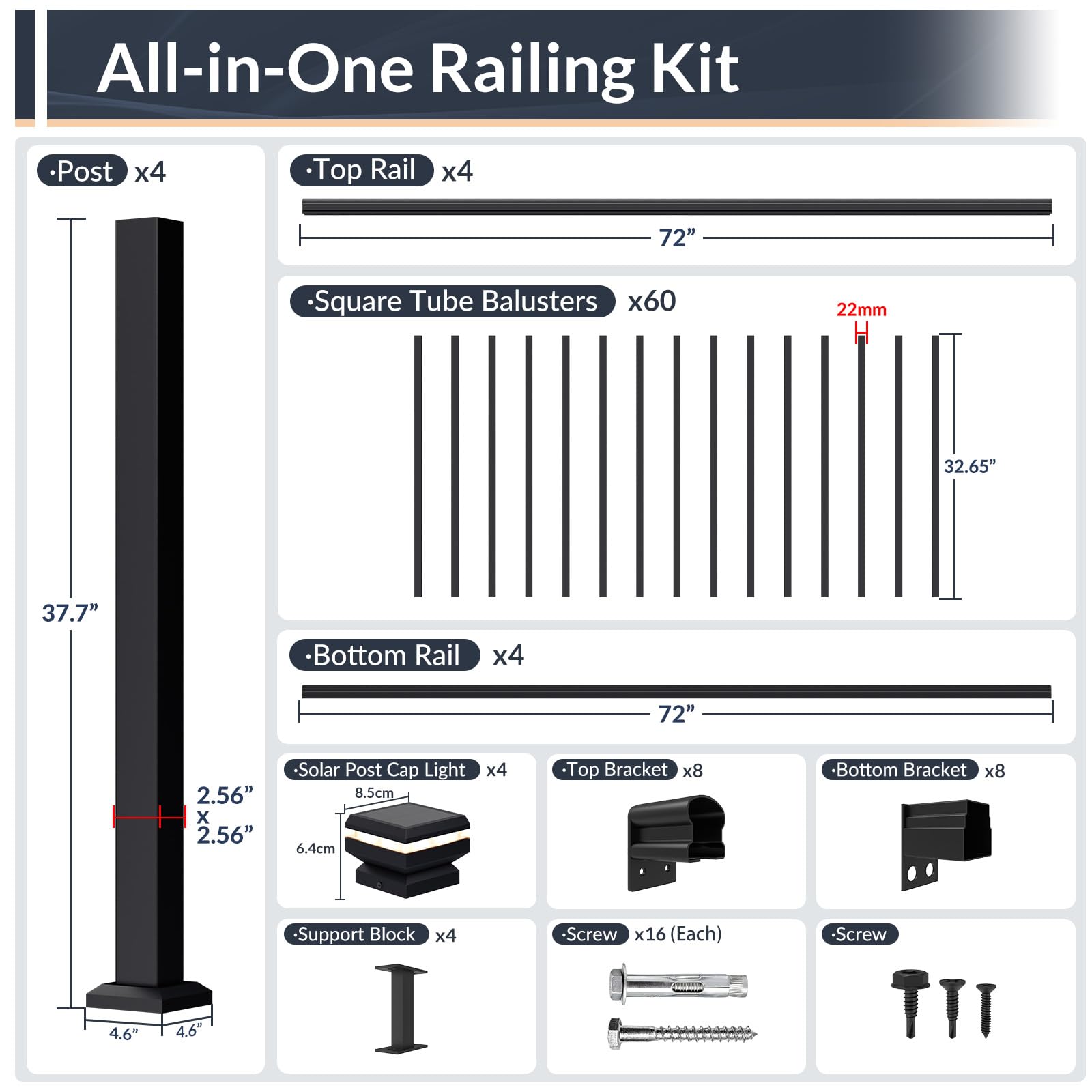 Egadis 4 Pack 36 in. H x 6 ft. W Porch and Deck Railing Kit with Light, Black Textured AAMA 2604 Powder-Coat Finish Modular Aluminum Railing Kit for Outdoor Decks, Porches & Balconies(4 Post, 4 Panel) - Image 7