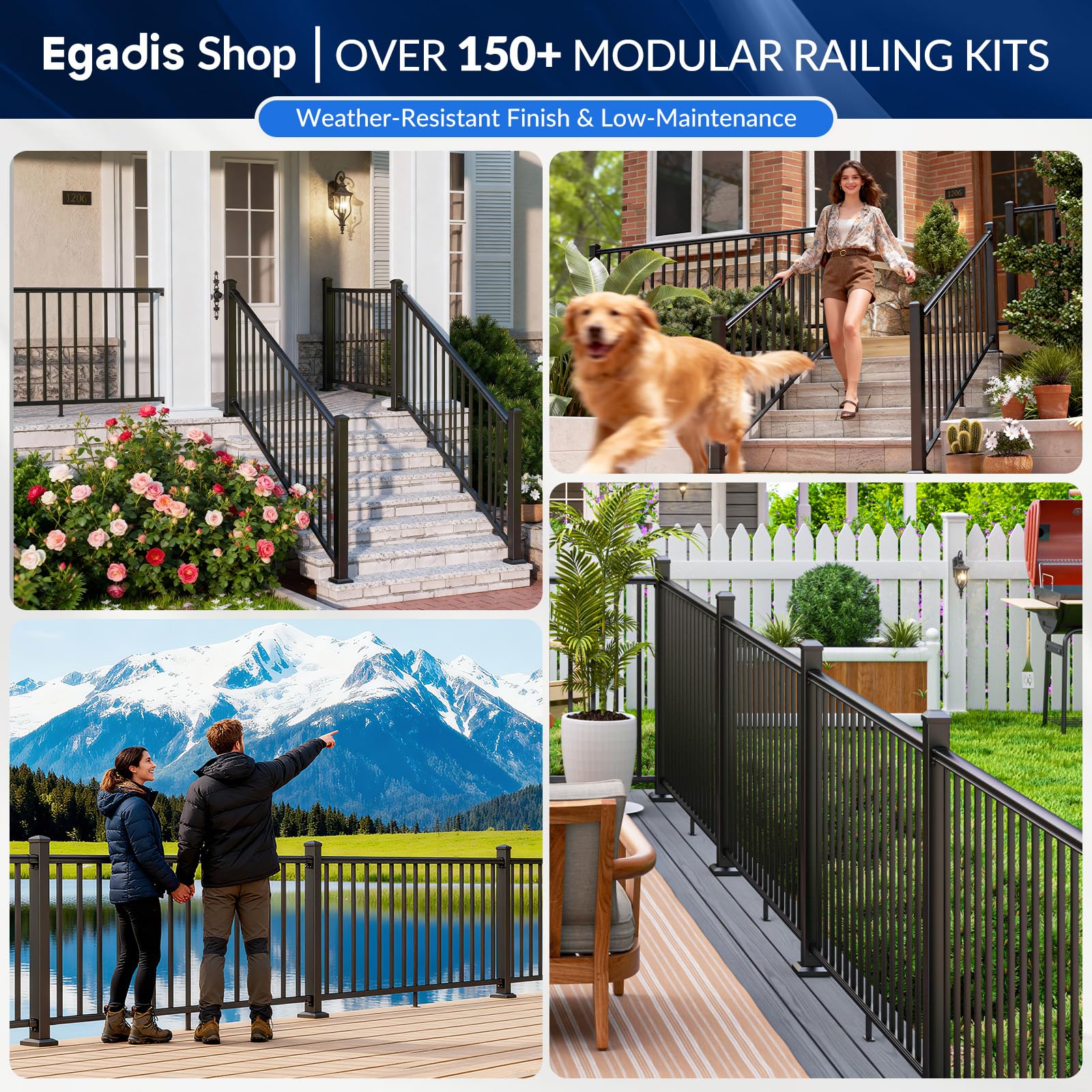 Egadis 4 Pack 42 in. H x 6 ft. W Porch and Deck Railing Kit, Black Textured AAMA 2604 Powder-Coat Finish Modular Aluminum Railing System for Outdoor Decks, Porches & Balconies (4 Post, 4 Panel) - Image 4