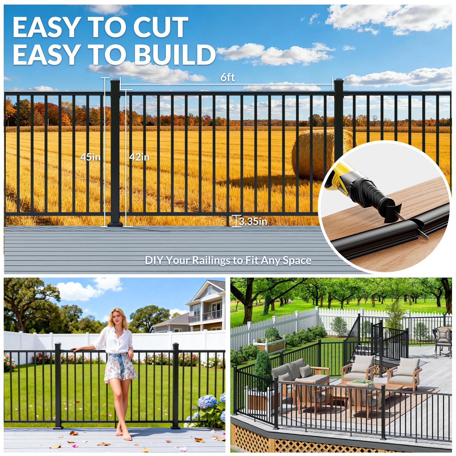 Egadis 4 Pack 42 in. H x 6 ft. W Porch and Deck Railing Kit, Black Textured AAMA 2604 Powder-Coat Finish Modular Aluminum Railing System for Outdoor Decks, Porches & Balconies (4 Post, 4 Panel) - Image 5