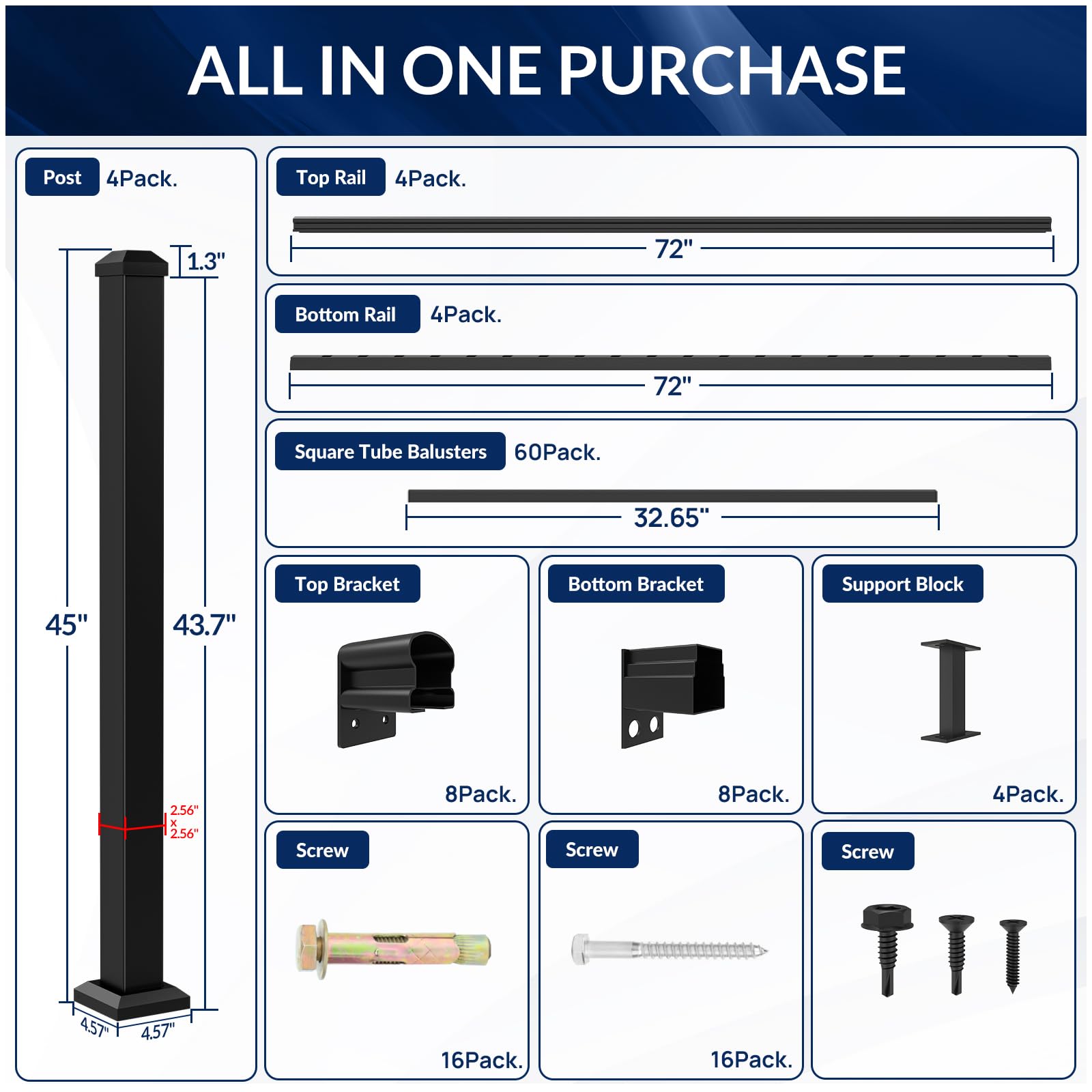 Egadis 4 Pack 42 in. H x 6 ft. W Porch and Deck Railing Kit, Black Textured AAMA 2604 Powder-Coat Finish Modular Aluminum Railing System for Outdoor Decks, Porches & Balconies (4 Post, 4 Panel) - Image 6