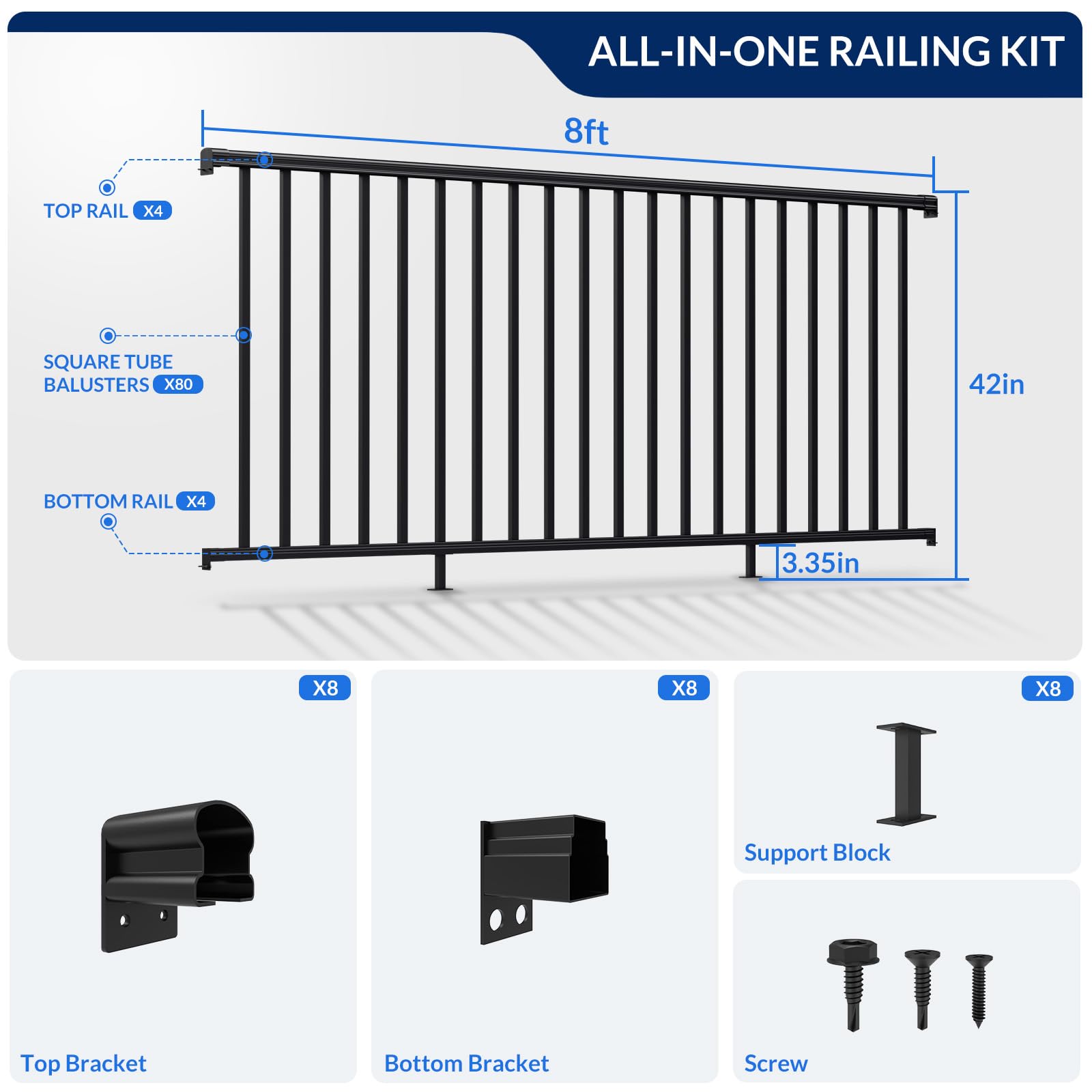 Egadis 4 Pack 42 in. H x 8 ft. W Porch and Deck Railing Kit Without Post, Black Textured Powder-Coat Finish Modular Aluminum Railing System for Outdoor Decks, Porches & Balconies (4 Panel) - Image 6