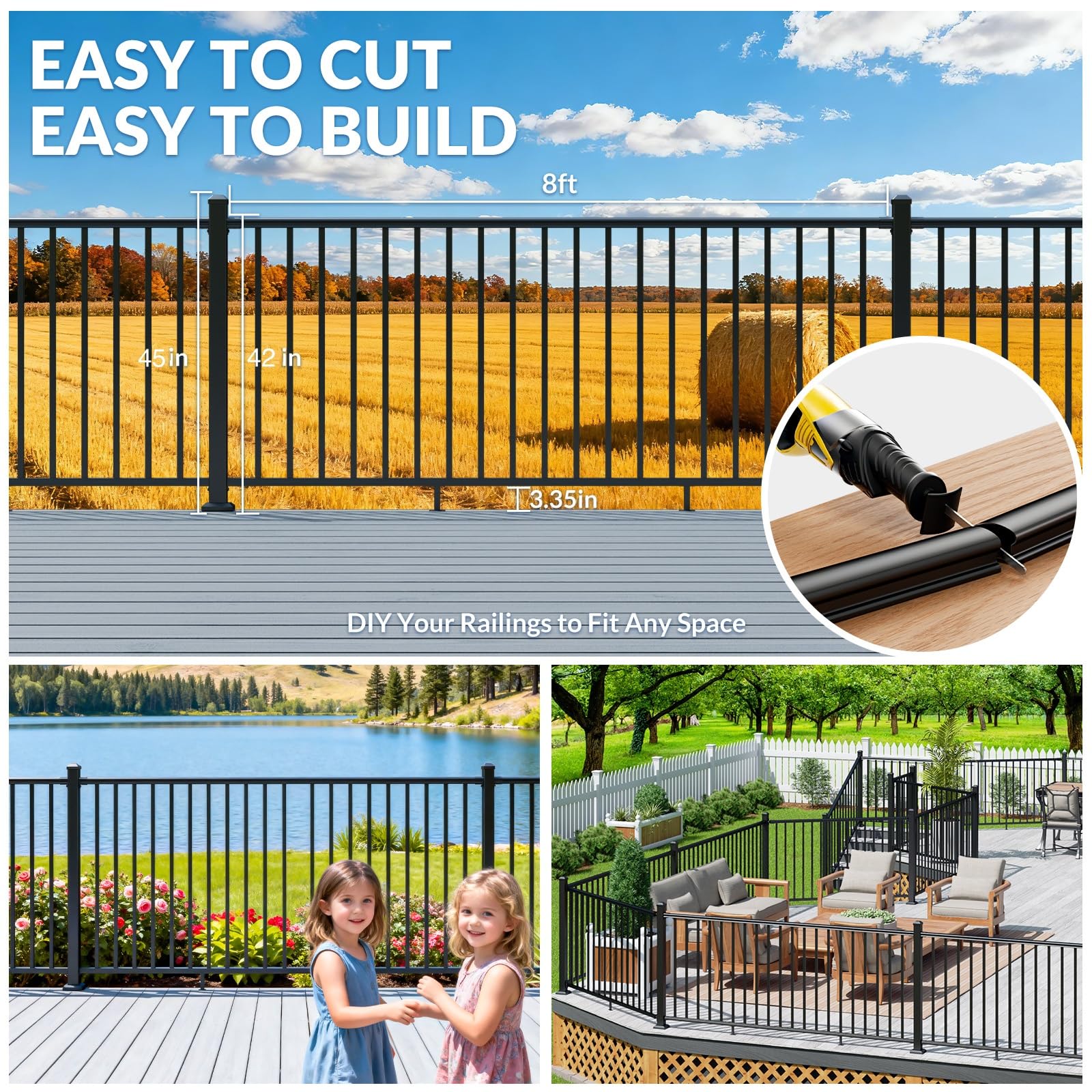 Egadis 42 in. H x 32 ft. W Porch and Deck Railing Kit, Aluminum Railing Kit, Black Textured AAMA 2604 Powder-Coat Finish Modular Rail System for Outdoor Decks, Porches & Balconies (4 Post, 4 Panel) - Image 5