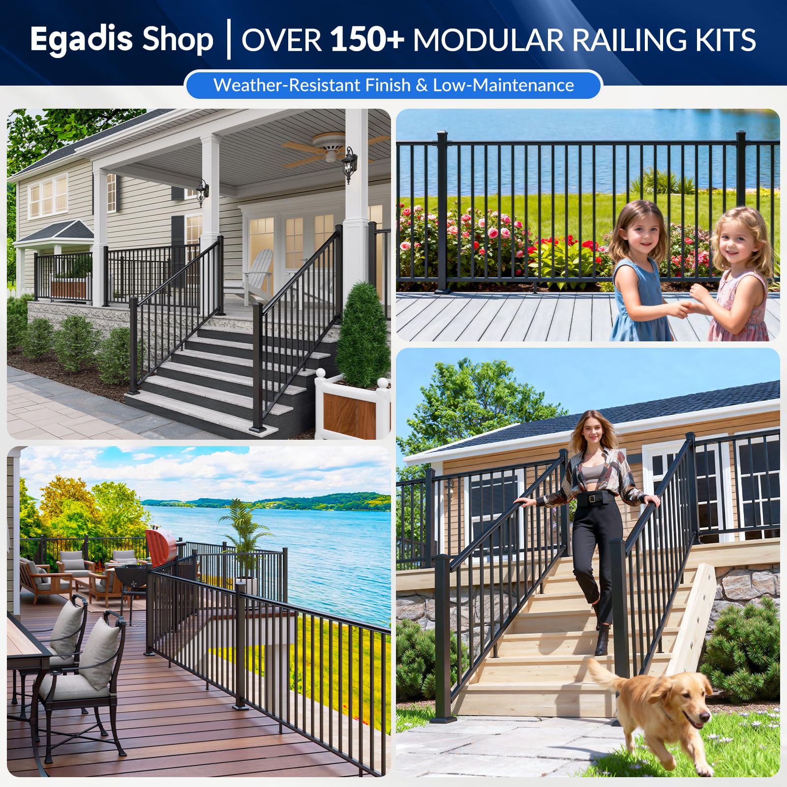 Egadis 42 in. H x 32 ft. W Porch and Deck Railing Kit, Aluminum Railing Kit, Black Textured AAMA 2604 Powder-Coat Finish Modular Rail System for Outdoor Decks, Porches & Balconies (4 Post, 4 Panel) - Image 3