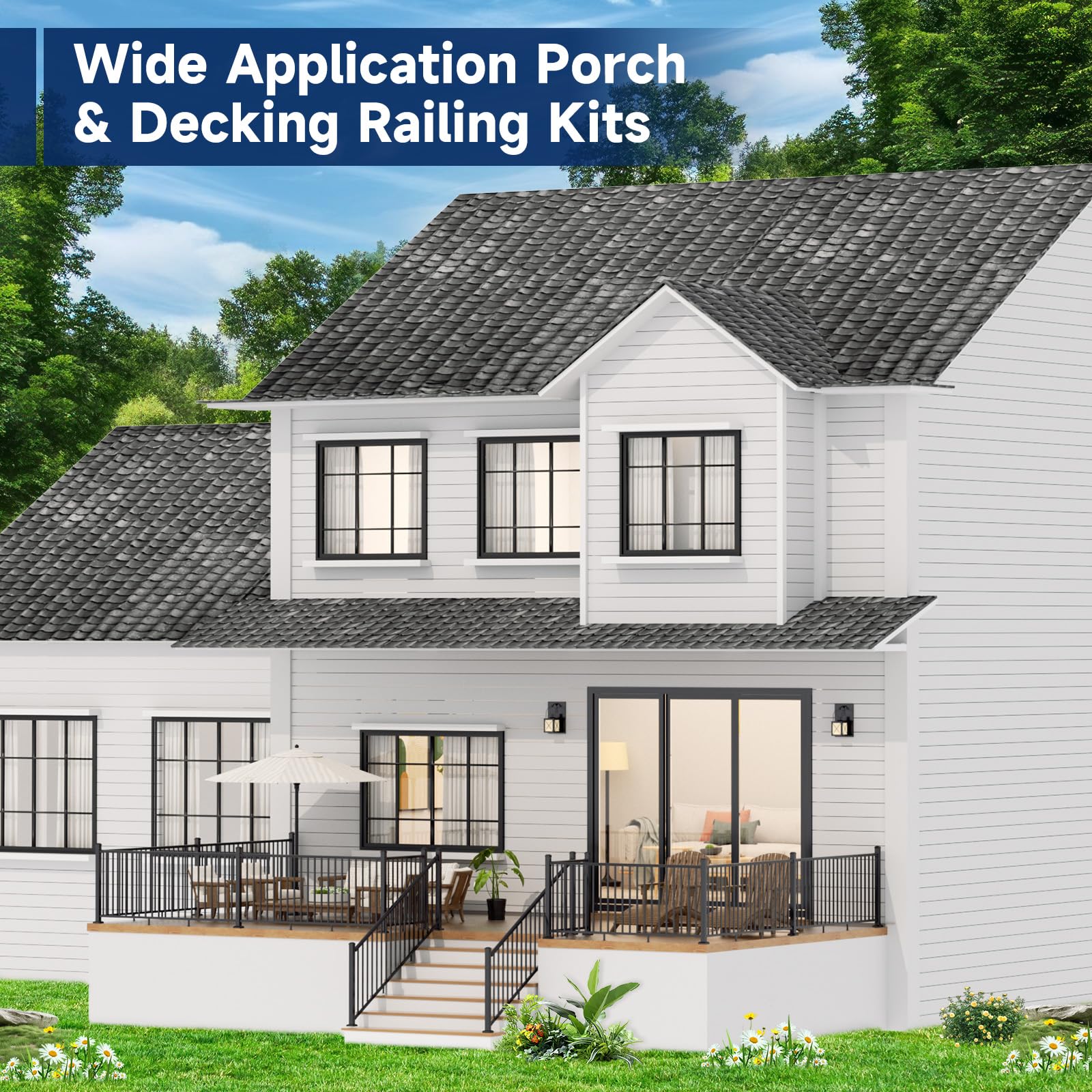 Egadis 42 in. H x 32 ft. W Porch and Deck Railing Kit, Aluminum Railing Kit, Black Textured AAMA 2604 Powder-Coat Finish Modular Rail System for Outdoor Decks, Porches & Balconies (4 Post, 4 Panel) - Image 7